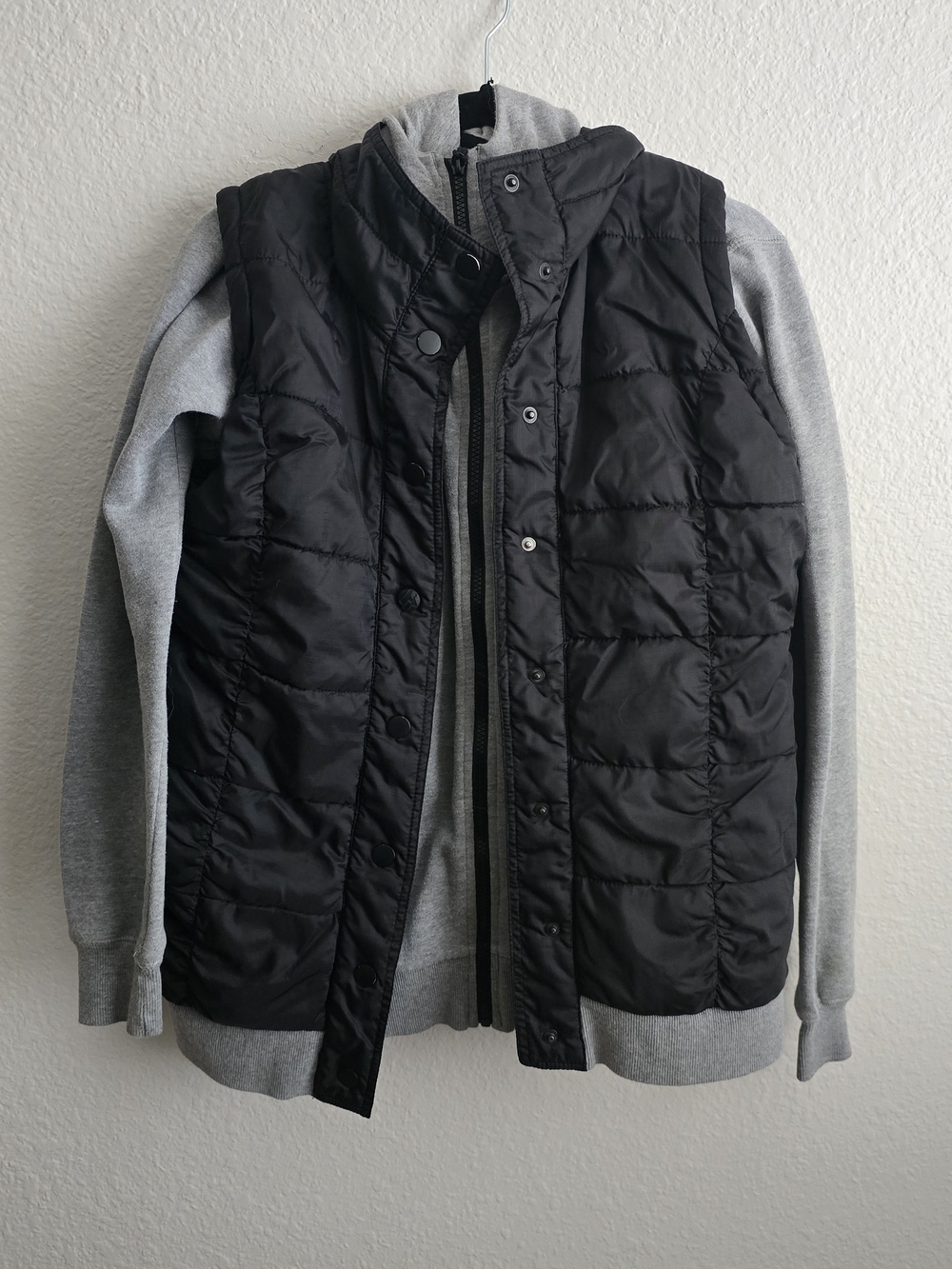 Fox Black Quilted Vest with Grey Hoodie Sleeves